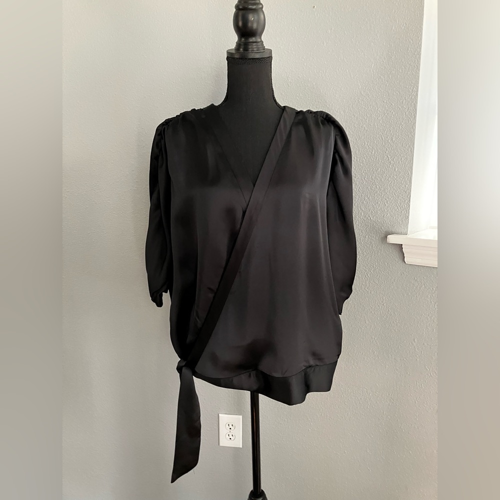 NWOT INC International Concepts black 1/2 sleeve wrap side tie details blouse